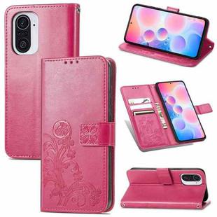 For Xiaomi Redmi K40 / K40 Pro Four-leaf Clasp Embossed Buckle Mobile Phone Protection Leather Case with Lanyard & Card Slot & Wallet & Bracket Function(Magenta)