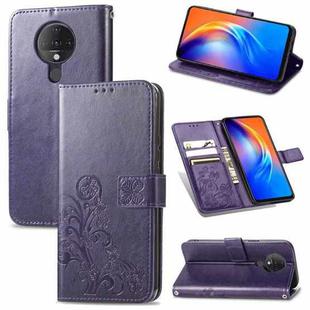For Tecno Spark 6 Four-leaf Clasp Embossed Buckle Mobile Phone Protection Leather Case with Lanyard & Card Slot & Wallet & Bracket Function(Purple)