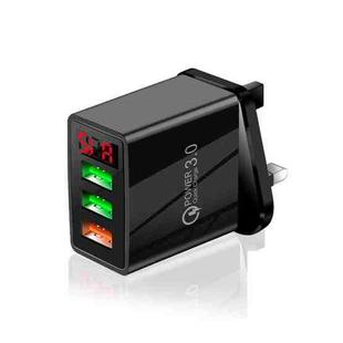 QC-07 5.1A QC3.0 3-USB Ports Fast Charger with LED Digital Display for Mobile Phones and Tablets, UK Plug(Black)
