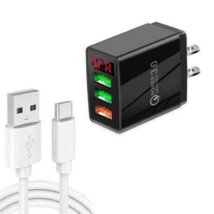 QC-07A QC3.0 3USB LED Digital Display Fast Charger + USB to Type-C Data Cable, US Plug(Black)