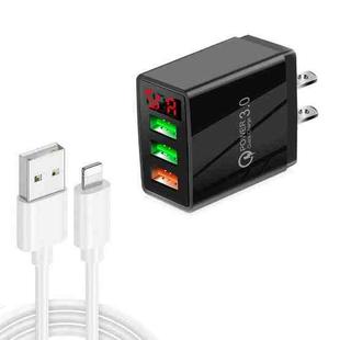 QC-07C QC3.0 3USB LED Digital Display Fast Charger + USB to 8 Pin Data Cable, US Plug(Black)