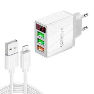 QC-07C QC3.0 3USB LED Digital Display Fast Charger + USB to 8 Pin Data Cable, EU Plug(White)