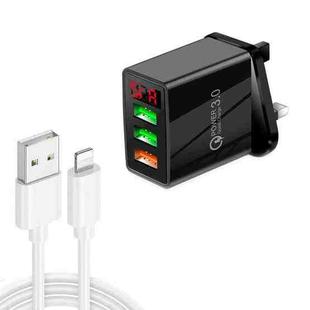 QC-07C QC3.0 3USB LED Digital Display Fast Charger + USB to 8 Pin Data Cable, UK Plug(Black)