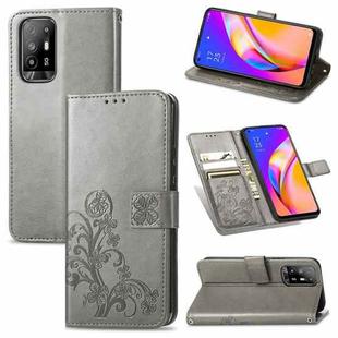 For OPPO A94 5G / F19 Pro+ 5G / Reno5 Z Four-leaf Clasp Embossed Buckle Mobile Phone Protection Leather Case with Lanyard & Card Slot & Wallet & Bracket Function(Gray)