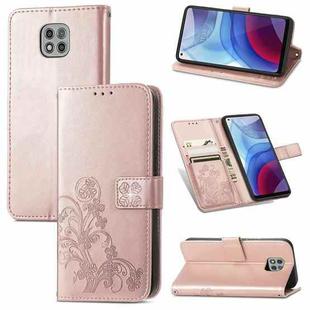 For Motorola Moto G Power 2021 Four-leaf Clasp Embossed Buckle Mobile Phone Protection Leather Case with Lanyard & Card Slot & Wallet & Bracket Function(Rose Gold)