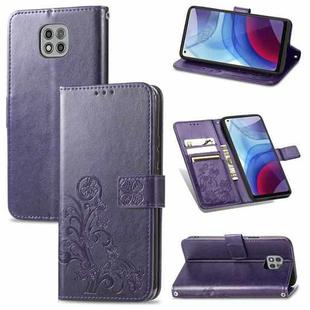 For Motorola Moto G Power 2021 Four-leaf Clasp Embossed Buckle Mobile Phone Protection Leather Case with Lanyard & Card Slot & Wallet & Bracket Function(Purple)