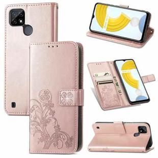 For OPPO Realme C21 Four-leaf Clasp Embossed Buckle Mobile Phone Protection Leather Case with Lanyard & Card Slot & Wallet & Bracket Function(Rose Gold)
