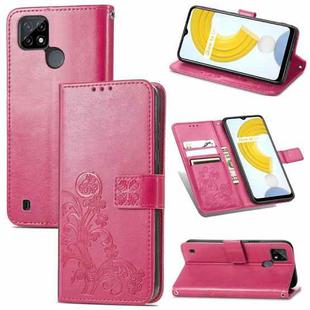 For OPPO Realme C21 Four-leaf Clasp Embossed Buckle Mobile Phone Protection Leather Case with Lanyard & Card Slot & Wallet & Bracket Function(Magenta)
