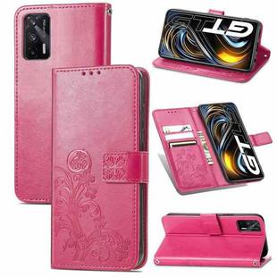 For OPPO Realme GT 5G / Q3 Pro 5G Four-leaf Clasp Embossed Buckle Mobile Phone Protection Leather Case with Lanyard & Card Slot & Wallet & Bracket Function(Magenta)