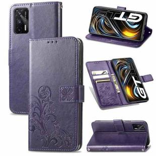 For OPPO Realme GT 5G / Q3 Pro 5G Four-leaf Clasp Embossed Buckle Mobile Phone Protection Leather Case with Lanyard & Card Slot & Wallet & Bracket Function(Purple)
