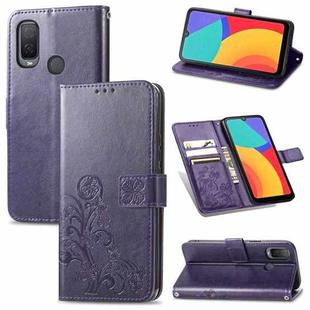 For Alcatel 1L 2021 Four-leaf Clasp Embossed Buckle Mobile Phone Protection Leather Case with Lanyard & Card Slot & Wallet & Bracket Function(Purple)