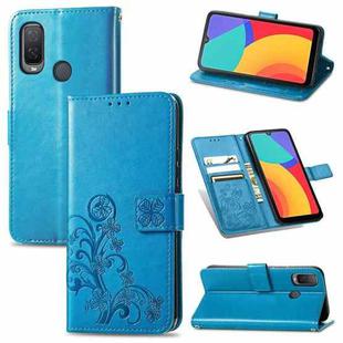 For Alcatel 1L 2021 Four-leaf Clasp Embossed Buckle Mobile Phone Protection Leather Case with Lanyard & Card Slot & Wallet & Bracket Function(Blue)