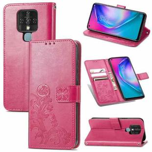 For Tecno Camon 16 SE Four-leaf Clasp Embossed Buckle Mobile Phone Protection Leather Case with Lanyard & Card Slot & Wallet & Bracket Function(Magenta)