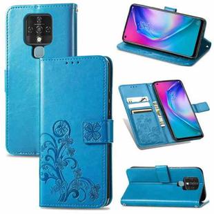 For Tecno Camon 16 SE Four-leaf Clasp Embossed Buckle Mobile Phone Protection Leather Case with Lanyard & Card Slot & Wallet & Bracket Function(Blue)