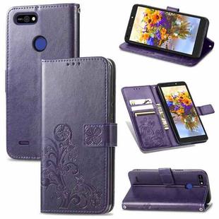 For Tecno POP 2F Four-leaf Clasp Embossed Buckle Mobile Phone Protection Leather Case with Lanyard & Card Slot & Wallet & Bracket Function(Purple)