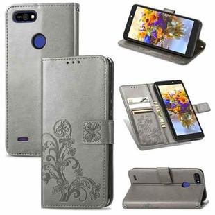 For Tecno POP 2F Four-leaf Clasp Embossed Buckle Mobile Phone Protection Leather Case with Lanyard & Card Slot & Wallet & Bracket Function(Gray)