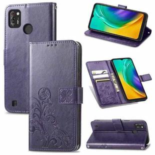 For Tecno POP 4 Pro Four-leaf Clasp Embossed Buckle Mobile Phone Protection Leather Case with Lanyard & Card Slot & Wallet & Bracket Function(Purple)