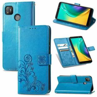 For Tecno POP 4 Four-leaf Clasp Embossed Buckle Mobile Phone Protection Leather Case with Lanyard & Card Slot & Wallet & Bracket Function(Blue)