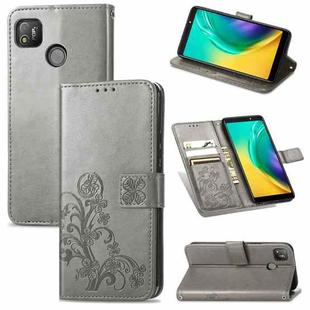 For Tecno POP 4 Four-leaf Clasp Embossed Buckle Mobile Phone Protection Leather Case with Lanyard & Card Slot & Wallet & Bracket Function(Gray)