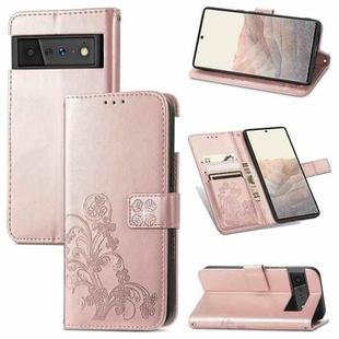 For Google Pixel 6 Pro Four-leaf Clasp Embossed Buckle Mobile Phone Protection Leather Case with Lanyard & Card Slot & Wallet & Bracket Function(Rose Gold)