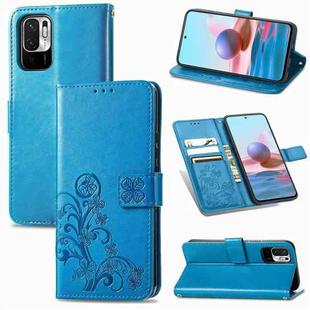 For Xiaomi Redmi Note 10 5G Four-leaf Clasp Embossed Buckle Mobile Phone Protection Leather Case with Lanyard & Card Slot & Wallet & Bracket Function(Blue)