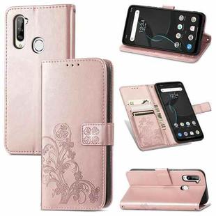 For ZTE Libero 5G Four-leaf Clasp Embossed Buckle Mobile Phone Protection Leather Case with Lanyard & Card Slot & Wallet & Bracket Function(Rose Gold)