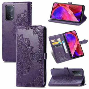 For OPPO A54 5G Mandala Flower Embossed Horizontal Flip Leather Case with Holder & Three Card Slots & Wallet & Lanyard(Purple)