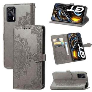 For OPPO Realme GT 5G / Realme Q3 Pro 5G Mandala Flower Embossed Horizontal Flip Leather Case with Holder & Three Card Slots & Wallet & Lanyard(Gray)