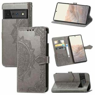 For Google Pixel 6 Pro Mandala Flower Embossed Horizontal Flip Leather Case with Holder & Three Card Slots & Wallet & Lanyard(Gray)