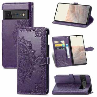 For Google Pixel 6 Pro Mandala Flower Embossed Horizontal Flip Leather Case with Holder & Three Card Slots & Wallet & Lanyard(Purple)