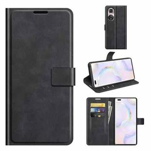 Retro Calf Pattern Buckle Card Wallet Left and Right Flip Phone Holster with Bracket Function For Honor 50 Pro(Black)
