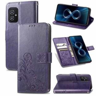 For Asus Zenfone 8 ZS590KS Four-leaf Clasp Embossed Buckle Mobile Phone Protection Leather Case with Lanyard & Card Slot & Wallet & Bracket Function(Purple)