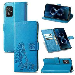 For Asus Zenfone 8 ZS590KS Four-leaf Clasp Embossed Buckle Mobile Phone Protection Leather Case with Lanyard & Card Slot & Wallet & Bracket Function(Blue)