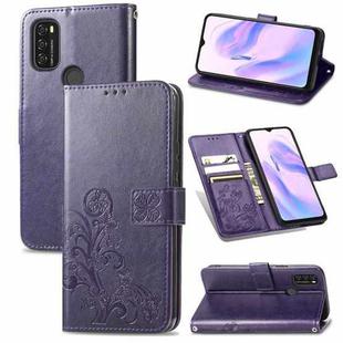 For Blackview A70 Four-leaf Clasp Embossed Buckle Mobile Phone Protection Leather Case with Lanyard & Card Slot & Wallet & Bracket Function(Purple)