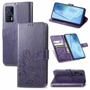 For vivo iQOO Neo5 Four-leaf Clasp Embossed Buckle Mobile Phone Protection Leather Case with Lanyard & Card Slot & Wallet & Bracket Function(Purple)