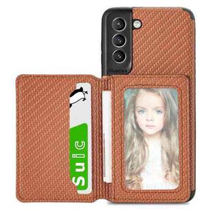 For Samsung Galaxy S21+ 5G Carbon Fiber Magnetic Card Bag TPU+PU Shockproof Back Cover Case with Holder & Card Slot & Photo Frame(Brown)