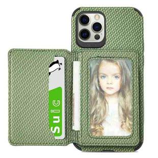 For iPhone 12 / 12 Pro Carbon Fiber Magnetic Card Bag TPU+PU Shockproof Back Cover Case with Holder & Card Slot & Photo Frame(Green)