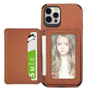 For iPhone 12 / 12 Pro Carbon Fiber Magnetic Card Bag TPU+PU Shockproof Back Cover Case with Holder & Card Slot & Photo Frame(Brown)