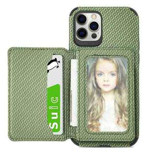 For iPhone 12 mini Carbon Fiber Magnetic Card Bag TPU+PU Shockproof Back Cover Case with Holder & Card Slot & Photo Frame (Green)