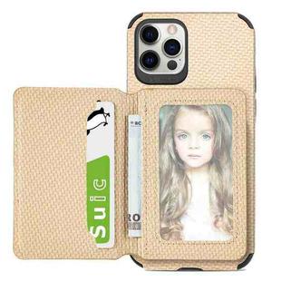 For iPhone 12 mini Carbon Fiber Magnetic Card Bag TPU+PU Shockproof Back Cover Case with Holder & Card Slot & Photo Frame (Khaki)