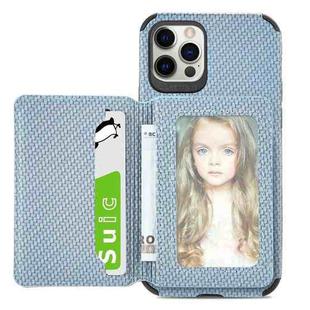 For iPhone 12 Pro Max Carbon Fiber Magnetic Card Bag TPU+PU Shockproof Back Cover Case with Holder & Card Slot & Photo Frame(Blue)
