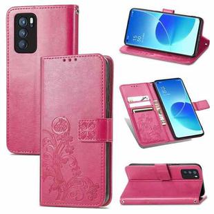 For OPPO Reno6 Pro Four-leaf Clasp Embossed Buckle Mobile Phone Protection Leather Case with Lanyard & Card Slot & Wallet & Bracket Function(Magenta)