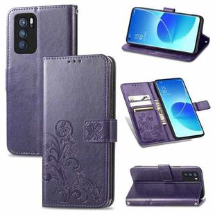 For OPPO Reno6 Pro Four-leaf Clasp Embossed Buckle Mobile Phone Protection Leather Case with Lanyard & Card Slot & Wallet & Bracket Function(Purple)