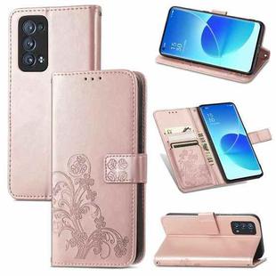 For OPPO Reno6 Pro+ Four-leaf Clasp Embossed Buckle Mobile Phone Protection Leather Case with Lanyard & Card Slot & Wallet & Bracket Function(Rose Gold)