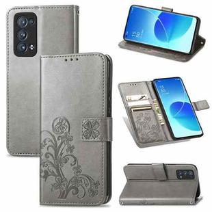 For OPPO Reno6 Pro+ Four-leaf Clasp Embossed Buckle Mobile Phone Protection Leather Case with Lanyard & Card Slot & Wallet & Bracket Function(Gray)