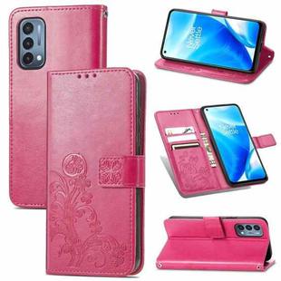 For OnePlus Nord N200 5G Four-leaf Clasp Embossed Buckle Mobile Phone Protection Leather Case with Lanyard & Card Slot & Wallet & Bracket Function(Magenta)
