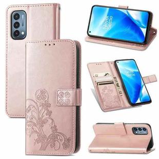 For OnePlus Nord N200 5G Four-leaf Clasp Embossed Buckle Mobile Phone Protection Leather Case with Lanyard & Card Slot & Wallet & Bracket Function(Rose Gold)