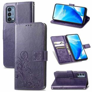 For OnePlus Nord N200 5G Four-leaf Clasp Embossed Buckle Mobile Phone Protection Leather Case with Lanyard & Card Slot & Wallet & Bracket Function(Purple)