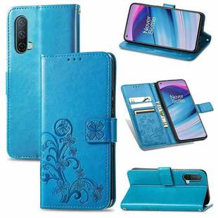 For OnePlus Nord CE 5G Four-leaf Clasp Embossed Buckle Mobile Phone Protection Leather Case with Lanyard & Card Slot & Wallet & Bracket Function(Blue)