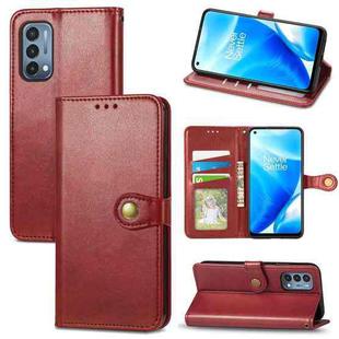 For OnePlus Nord N200 5G Solid Color Leather Buckle Phone Case with Lanyard & Photo Frame & Card Slot & Wallet & Stand Function(Red)